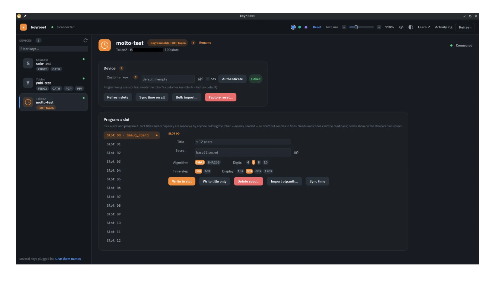 keyroost screenshot — Programming a Token2 Molto2 slot, with the slot rail and per-slot TOTP settings.