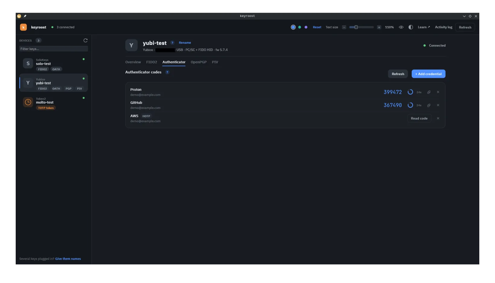 keyroost screenshot — Authenticator codes: live TOTP with a countdown, and counter-based HOTP read on demand.