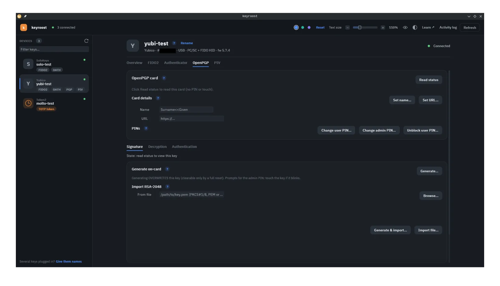 keyroost screenshot — The OpenPGP card tab: card details, PINs, and on-card key generation or import.