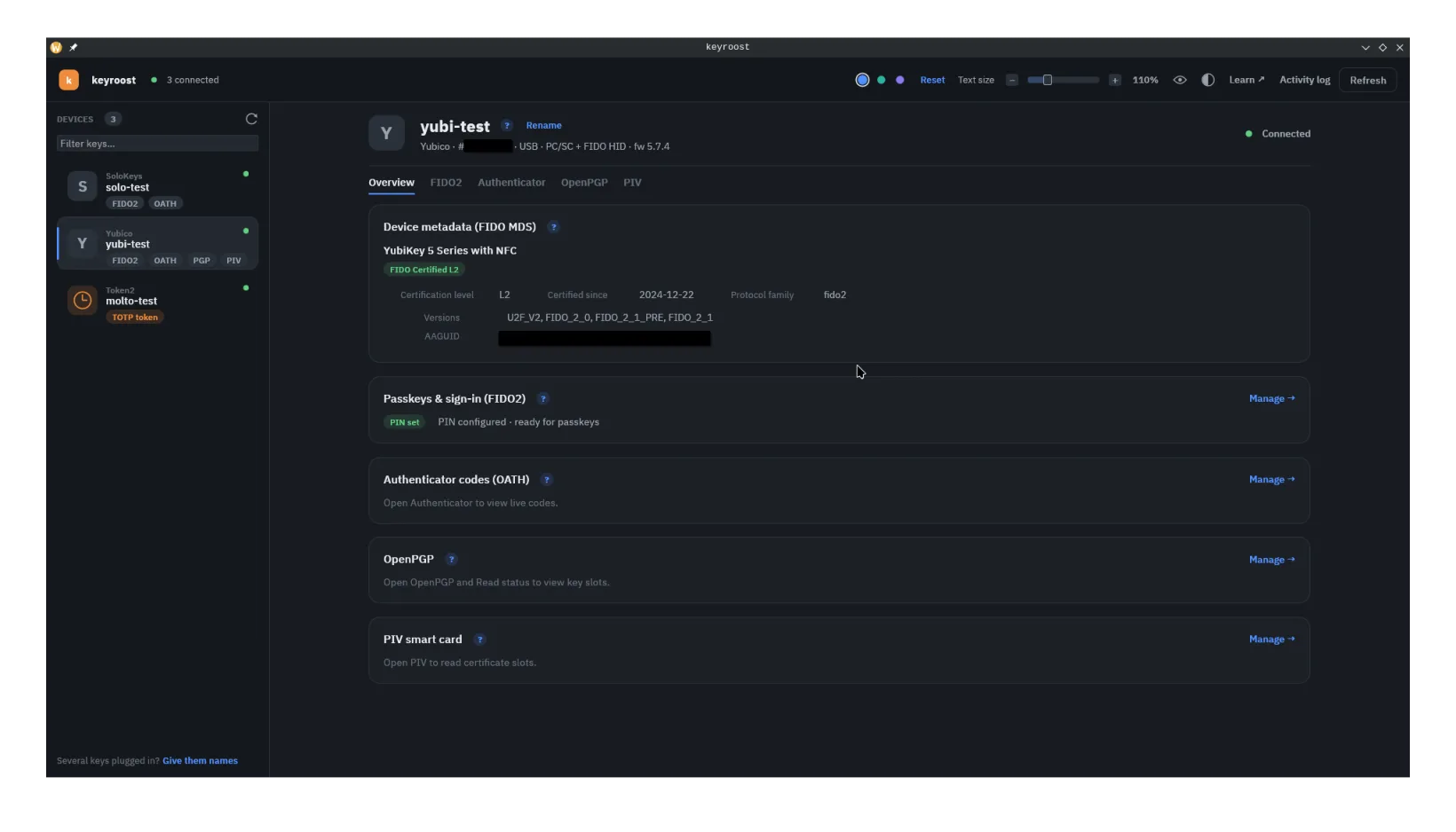 keyroost screenshot — The keyroost desktop app — a connected key's overview, with each applet on its own tab.