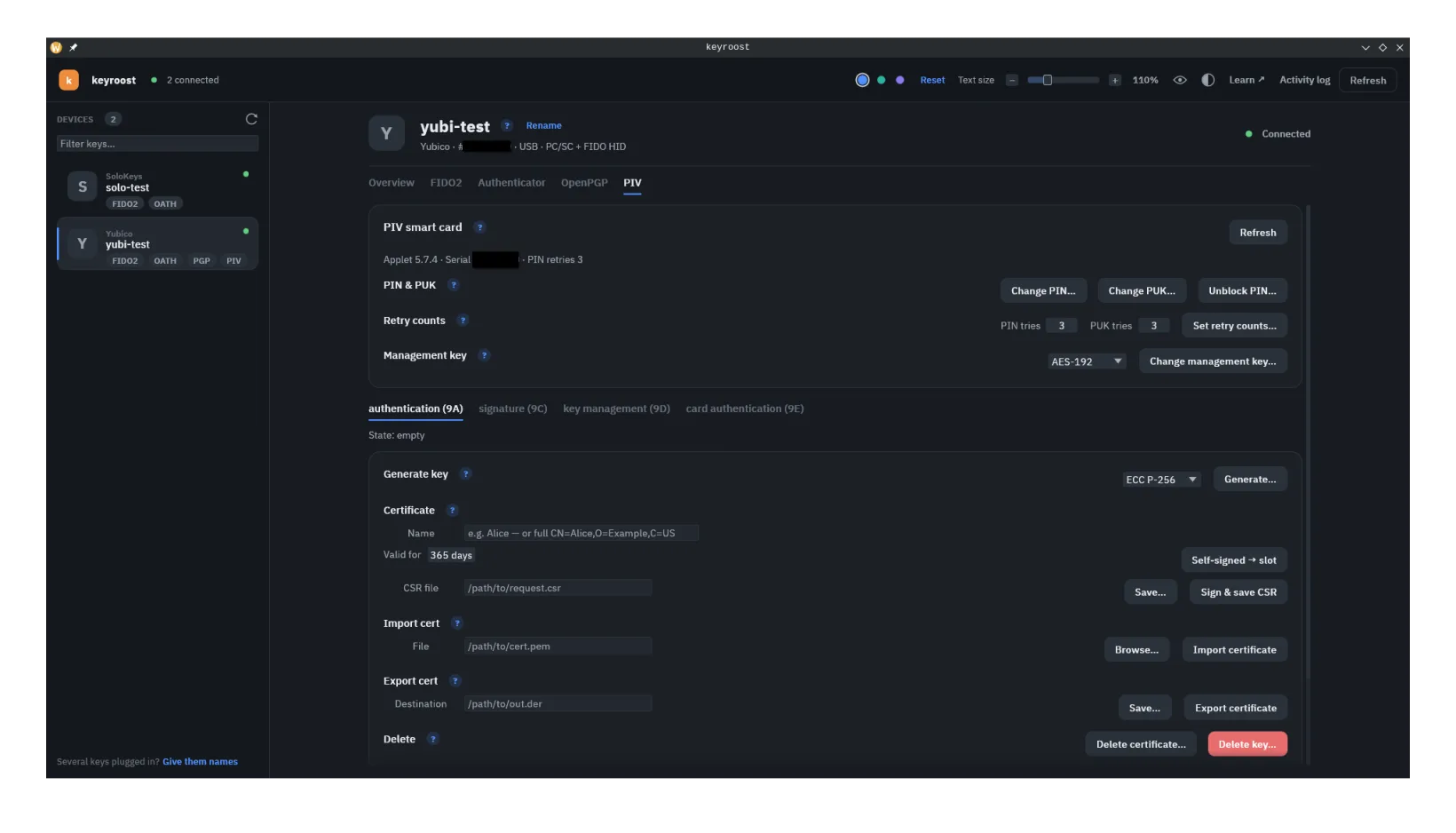 keyroost screenshot — The PIV tab: card status, PIN/PUK/management-key, and per-slot key and certificate management.