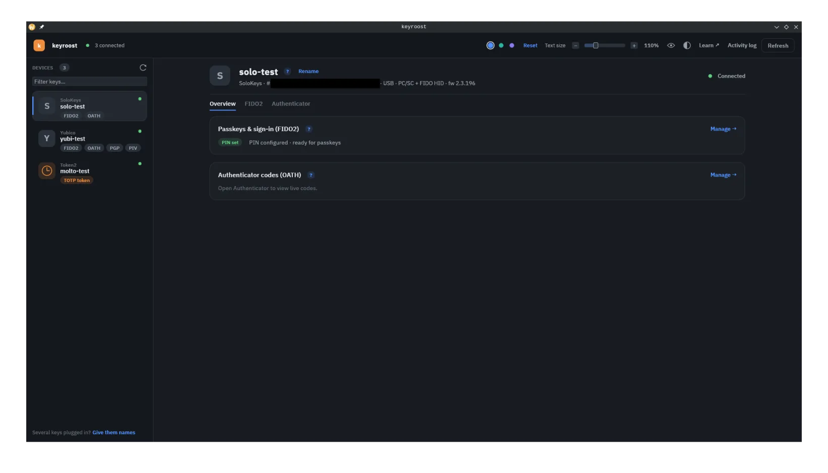 keyroost screenshot — keyroost detects every connected key and shows the applets each one exposes.